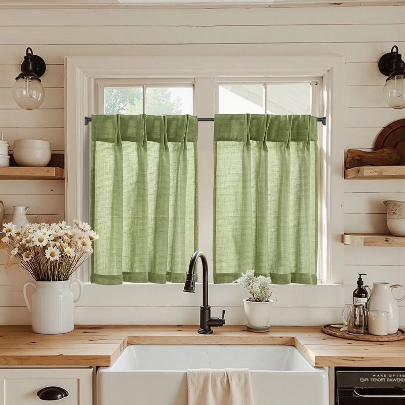 Linen Pinch Pleated Kitchen Curtains Tier Curtains Light Filtering Small Window Drapes for Kitchen, 26" W x 24" L, Green