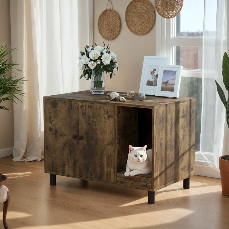 Enceinte de litière moderne pour chat avec planche à gratter, armoire de rangement cachée pour litière pour chat, Brun