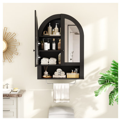 Armoire de salle de bain murale arquée avec portes en miroir, tablettes réglables et barre à serviettes, rangement en panneau de fibres à densité moyenne noir pour salle de lavage ou cuisine