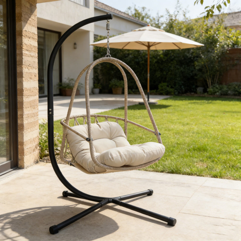Balancelle pliante en osier avec support, support de type C, coussin, oreiller et porte-gobelet, capacité de 350 lb