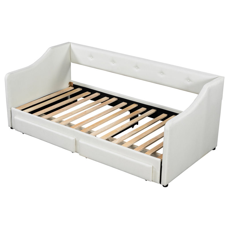 Lit de jour simple rembourré beige très grand avec deux tiroirs de rangement, sièges moelleux, lattes en bois pour un soutien extensible, facile à assembler