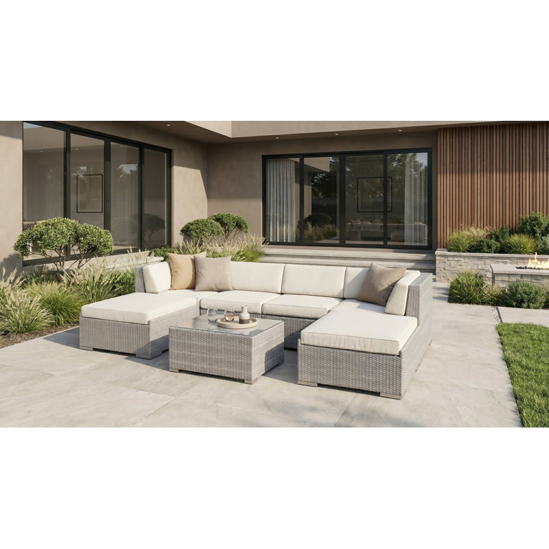 Billyjo Wicker 4 - Person Seating Group with Cushions - No Assembly, Canvas Natural Sunbrella® Canvas, Gray