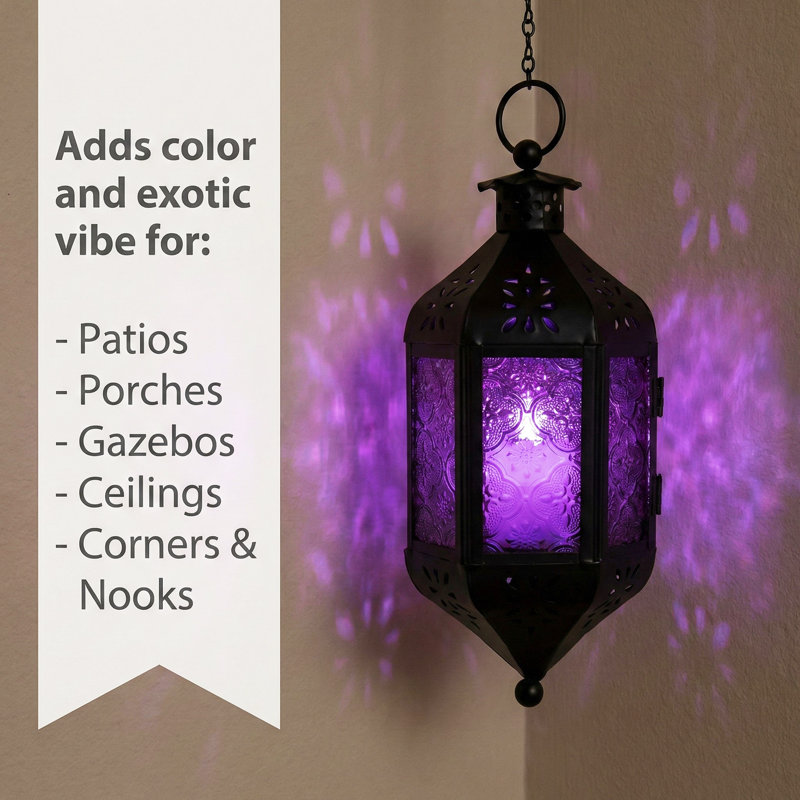 Hanging Moroccan Decorative Candle Lantern with Chain for Outdoor Patio or Porch (Set of 2), Small, Purple
