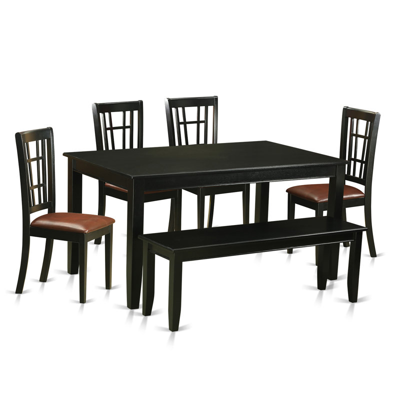 L'ensemble 6 pièces de table et chaises de cuisine comprend une table de salle à manger rectangulaire et 4 chaises de salle à manger en similicuir avec banc, noir