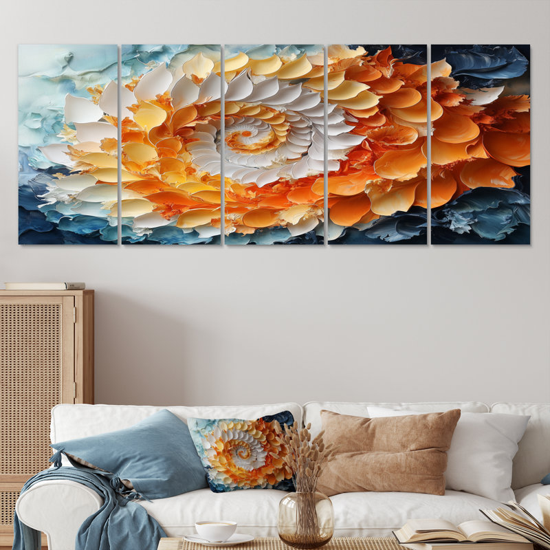 Jaune et orange lever de soleil abstrait vagues III - ensemble de décorations murales spirales abstraites, H 28 po x l 60 po