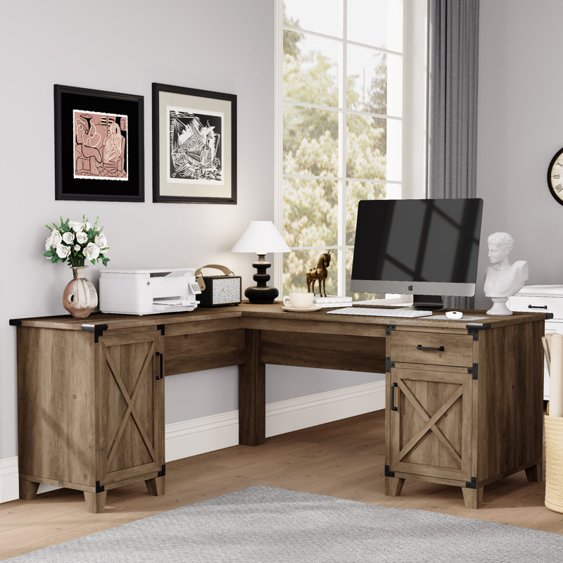 66'' Farmhouse L-Shaped Executive Desk – 1 Drawer & 2 Storage Cabinets, Home Office Desk, Brown