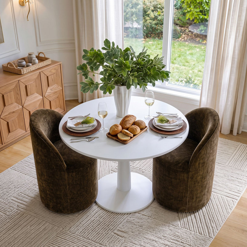 Ensemble de table de salle à manger pour 2 personnes avec table ronde et 2 chaises pivotantes en chenille rembourrées, Brun