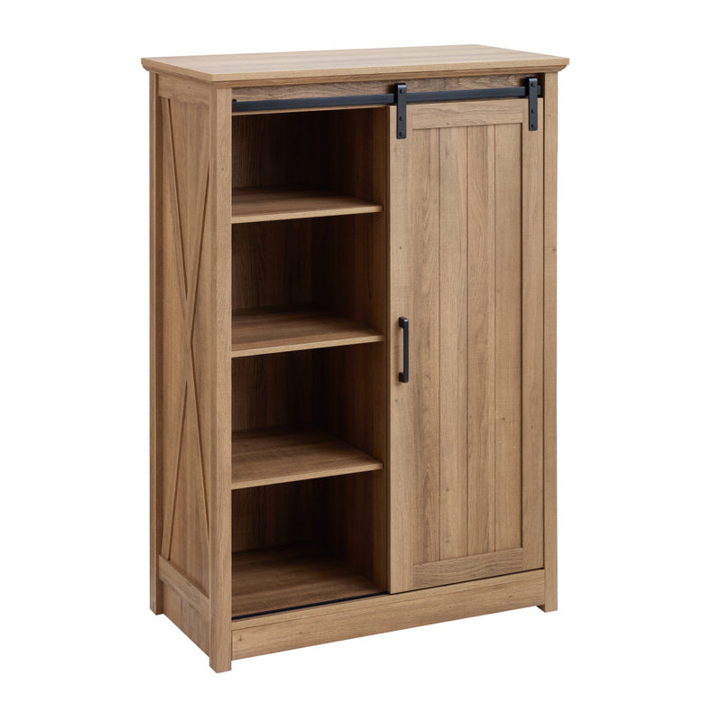 Farmhouse Accent Chest With Sliding Barn Door And 5 Drawers, White - Rustic Charm And Practical Storage, Oak