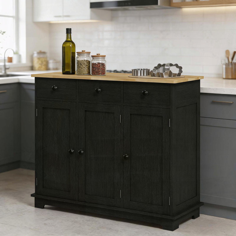 Distressed Black Sideboard with 3 Drawers, Adjustable Shelves, and Rubberwood Top, Black,Natural