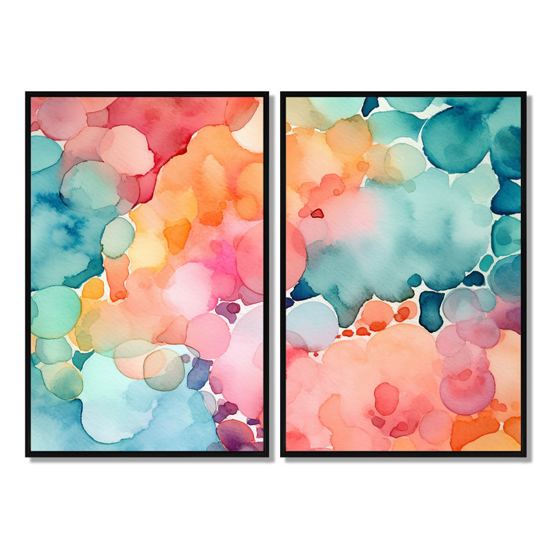 Rose et bleu sarcelle, éclaboussures enchantées - décoration murale moderne 2 panneaux, H 36 po x l 48 po, Noir