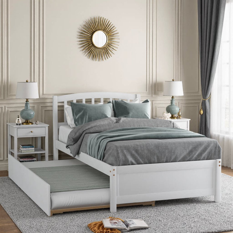 Lit plateforme simple en bois massif avec couchette coulissante Espresso, Blanc