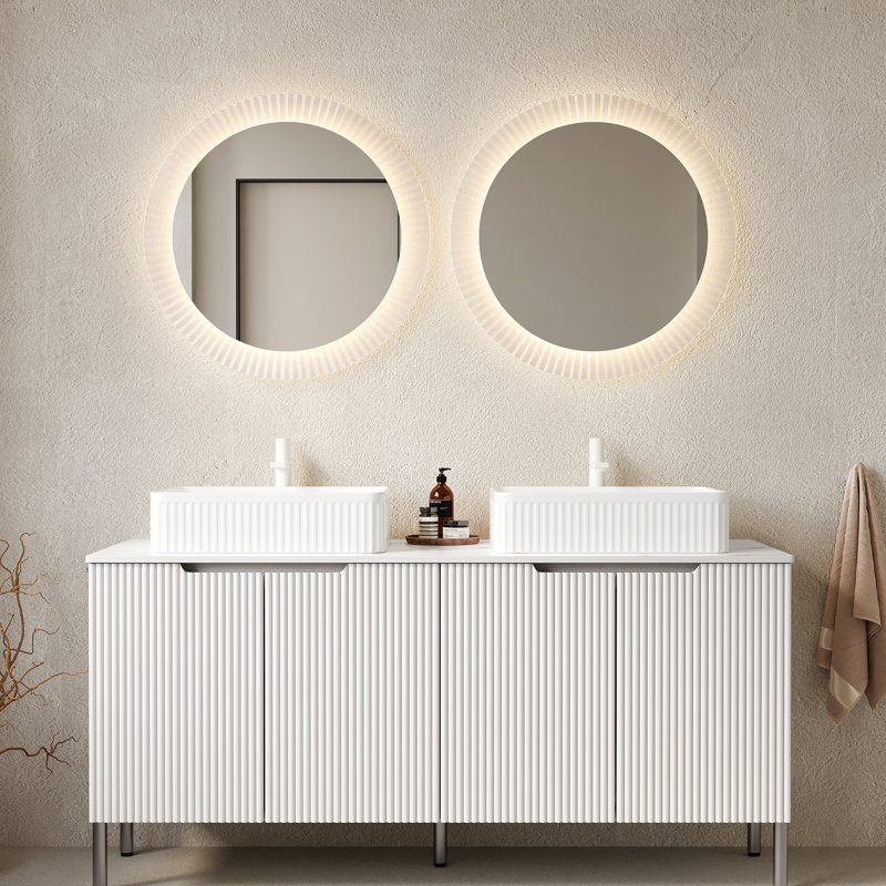 60" Bathroom Vanity, Modern, Freestanding, French Striped Basins, White Ceramic Counter, 4 Doors, Soft Close System, Large Storage, High - Quality Cabinet Freestanding Vanity With 2 Rectangular