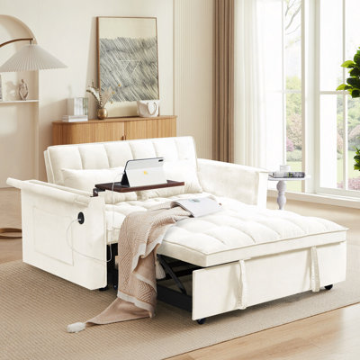 55.5" 3-In-1 Foldable Sofa Bed, Velvet Double Sofa, Sofa Bed With Adjustable Back, Storage Bag And Pillow, Hidden Living Room Laptop Desk With USB Port, Suitable, Bedroom