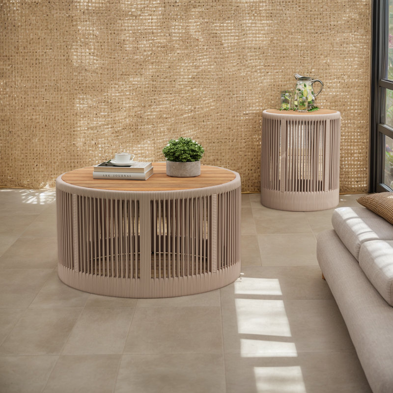 Ensemble de 2 tables d'extérieur de 26 po et 12 po de style rustique industriel avec table basse et corde d'appoint, Beige