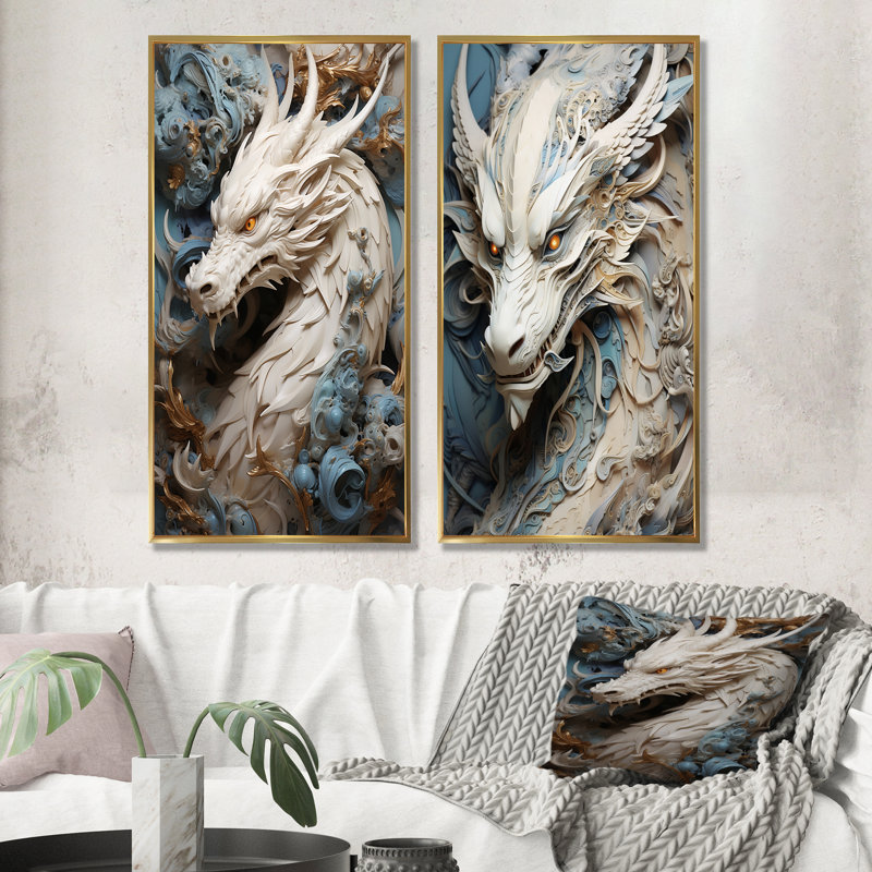 «Epic Blue and Gray Dragon Odyssey - Dragons», ensemble d'art mural sur toile, H 40 po x l 41 po, Encadrement doré