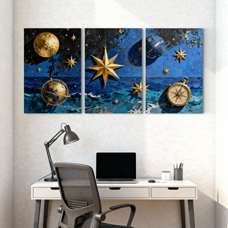 Ensemble de 3 impressions sur toile Cosmic Stars Moon Compass Globe Ocean Night Sky, H 18 po x l 36 po