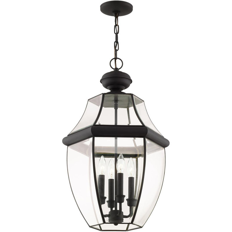 Outdoor Chain Lantern Pendant Lighting Fixture, Clear Beveled Glass Shade, Black