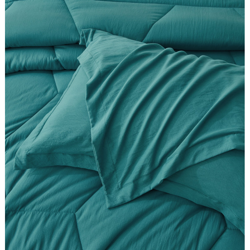 Washed Microfiber Bedding Honeycomb Comforter Set, Teal, Oversized Queen Comforter + 2 Standard Shams