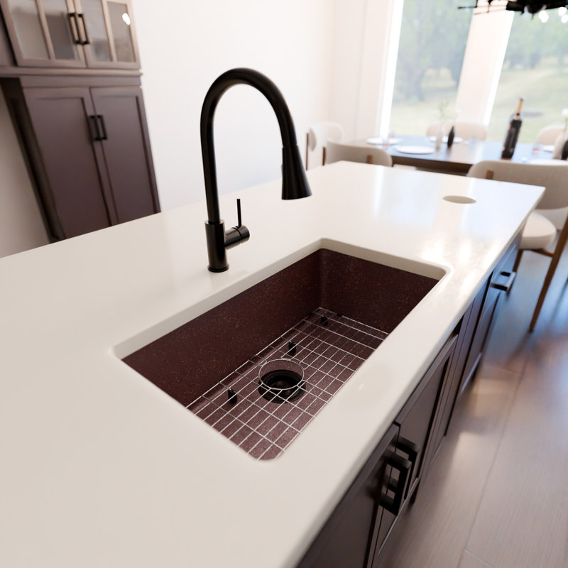 StoneCore 30-inch single bowl kitchen sink in Sienna stone with Accessories