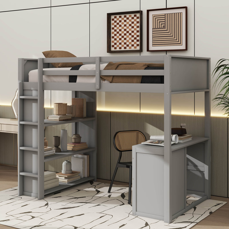 Lit mezzanine moderne avec échelle et tablettes, Gris