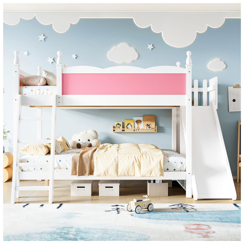 Lit superposé double au-dessus de double avec tablettes de rangement, lit superposé en bois massif avec glissière et échelles, conception à profil bas, rose et blanc