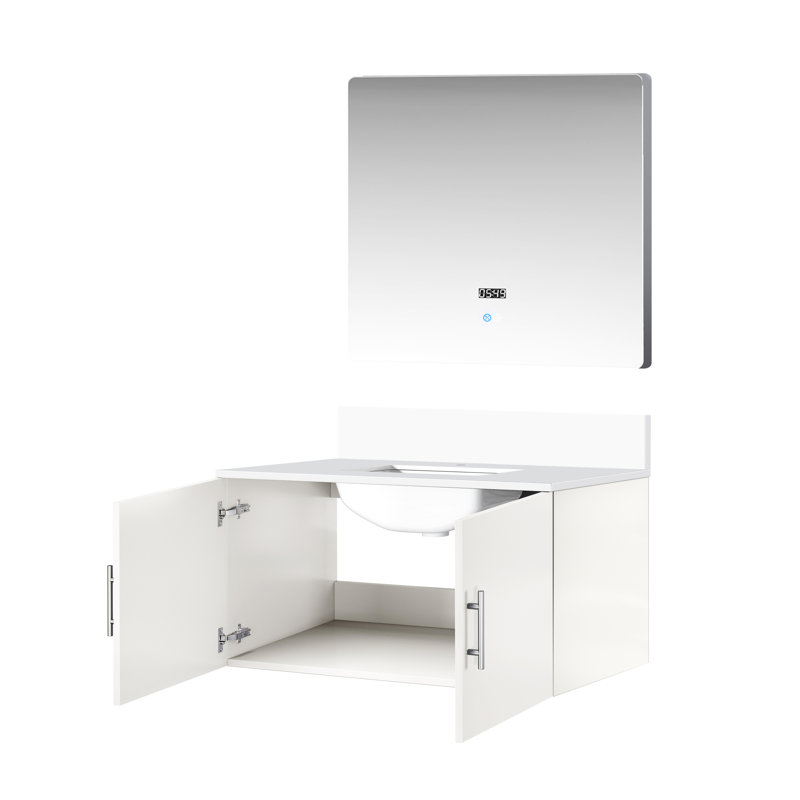 Meuble-lavabo blanc brillant avec comptoir en quartz et 36 po Miroir à DEL - surface de rangement pour lavabo de salle de bain spacieux et usé