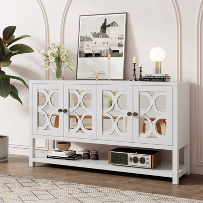 Console / armoire de rangement / buffet élégant avec portes en miroir, tablettes spacieuses et pieds en bois d'acacia durable