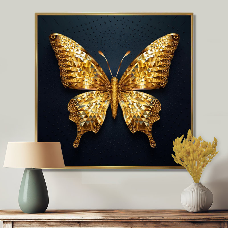 «Black and Gold Diamonds Butterly II», art mural papillon, Cadre flottant doré, 44" H x 44" W