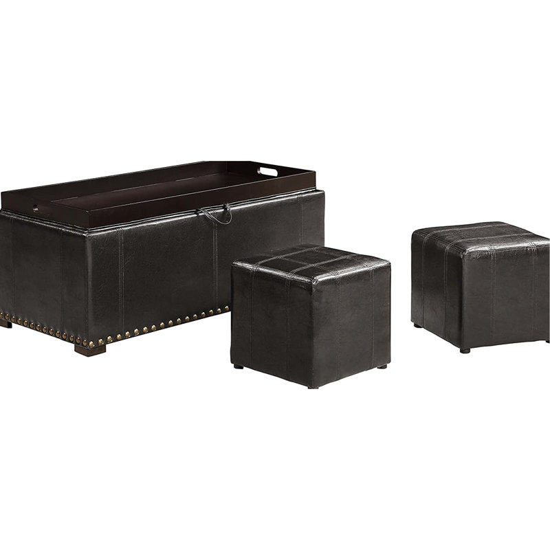 Black Leather Storage Bench With 2 Side Ottomans, Can Convert To Table, Suitable For Living Room, Nail Heads Appearance, 16" H X 39.68" W 40" D Bench, 13" 13.5" Ottomans Convertible Design,