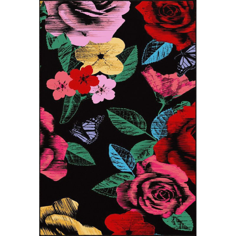 Tapis noir lavable à motif floral, Sous-tapis carré 3 pi 3 po inclus