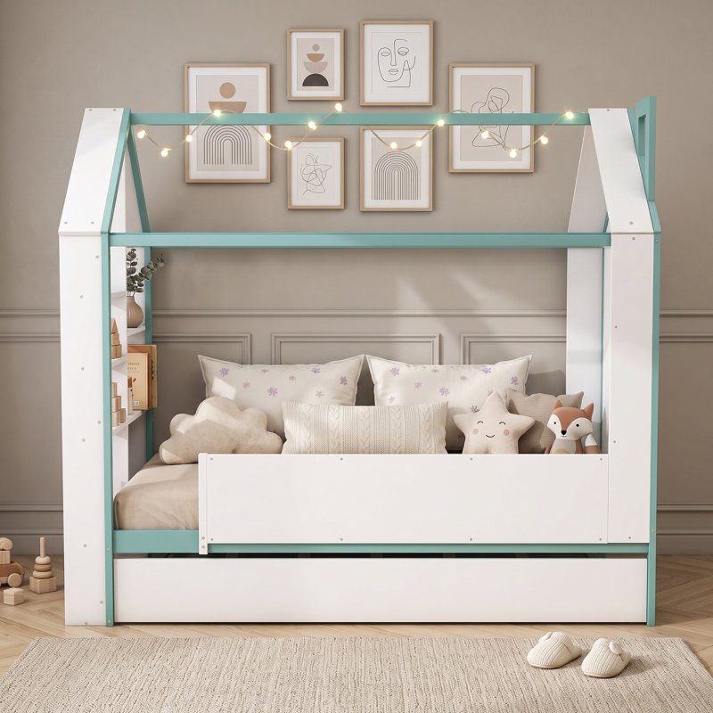 Structure de lit House avec lit gigogne coulissant, tablettes de rangement et lumière DEL, Twin, White Blue