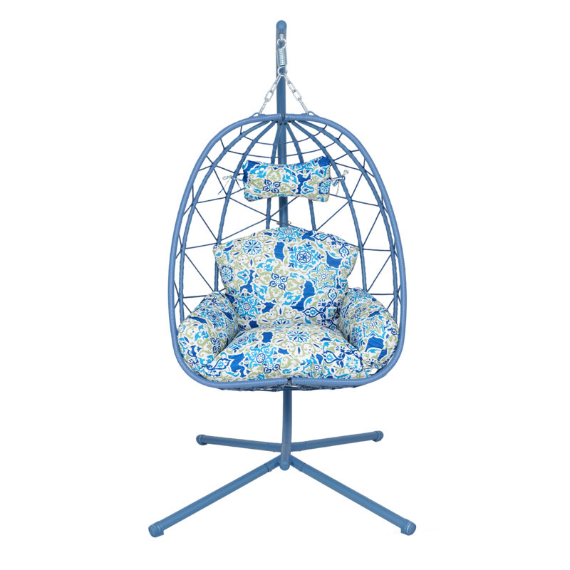 Fauteuil suspendu suspendu en osier avec support et coussin lavable pour patio, Bleu