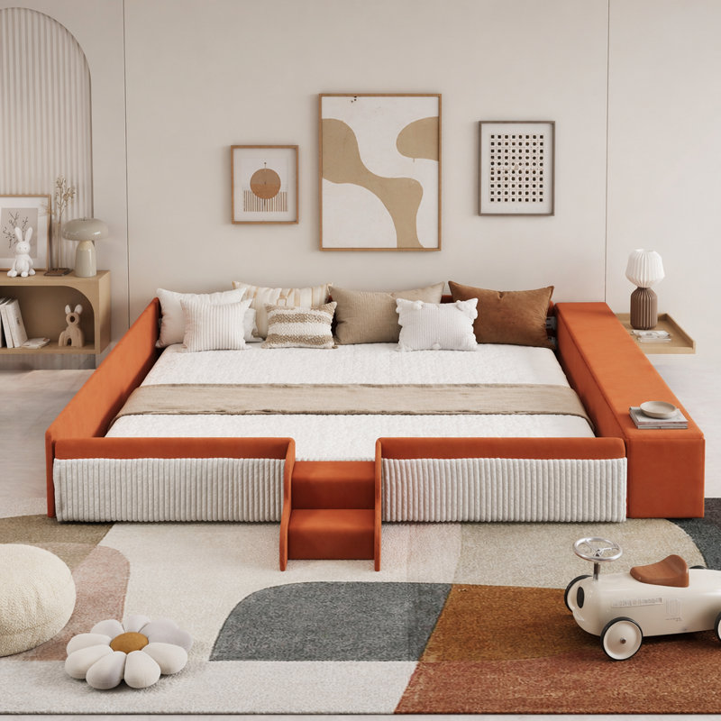 Velvet Upholstered Daybed with Stairs, Gas Lift Storage Ottoman, Très grand lit, Brown+White