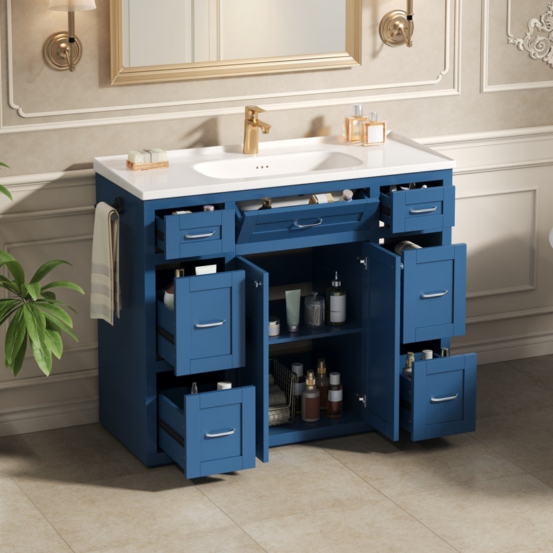Meuble-lavabo de salle de bain 122 cm (48 po) avec lavabo en céramique et tiroirs, en MDF, 2 pièces, bleu marine