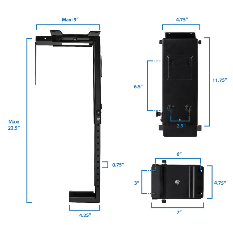 Black Adjustable Wall or Under Desk CPU Mount