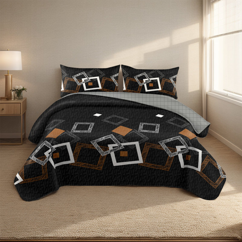 Ensemble d'édredon géométrique 6 pièces avec draps et housses de coussins décoratifs, literie carrée noire et brune matelassée en microfibre toutes saisons, hydrofuge et adapté aux animaux de compagnie (très grand, géométrique noir)
