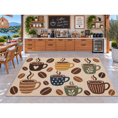 Tapis d'extérieur 5' x 7' à motif de tasses à café et de grains de café, en PVC épais, imperméable et bouclé, résistant et durable, idéal pour une terrasse, un patio, un intérieur ou un extérieur à séchage rapide, pour cuisine, porche, terrasse, balcon ou entrée.