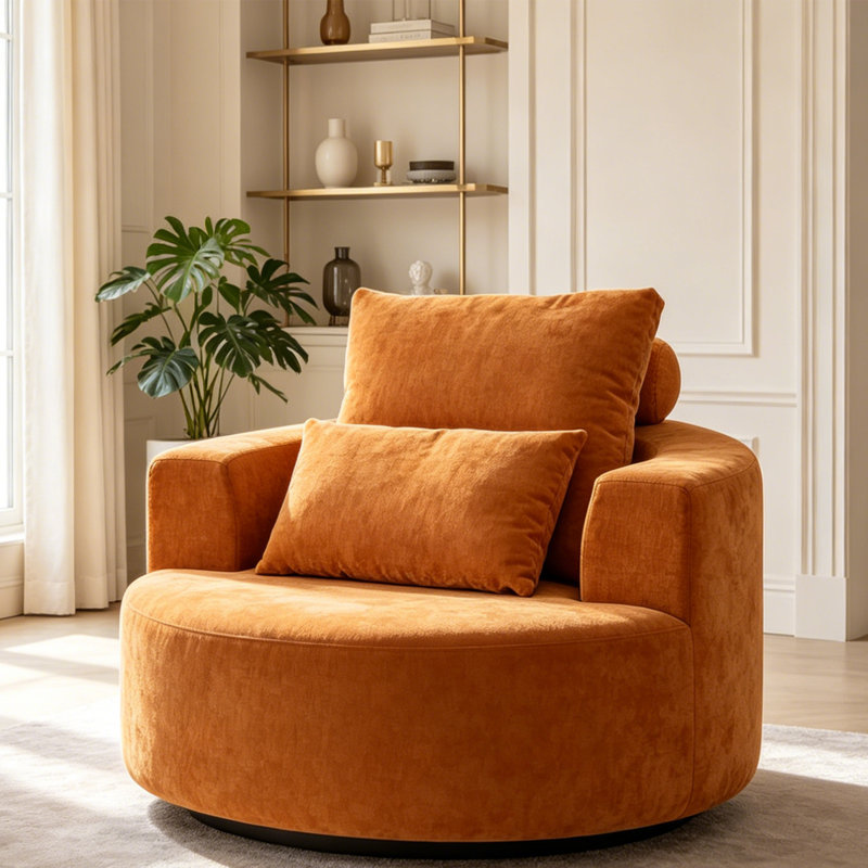 Fauteuil d'appoint surdimensionné en tonneau, canapé pivotant rond à 360 °, éponge en chenille haute résilience, siège large sans assemblage
