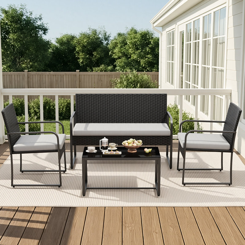 Ensemble de conversation d'extérieur pour 4 personnes avec coussins, Black