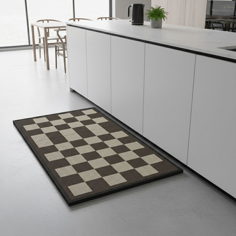 17"x30" Linen-Look Woven Kitchen Mat - Absorbent Non-Slip Washable Cushioned Runner Rug for Sink Area, Black Beige