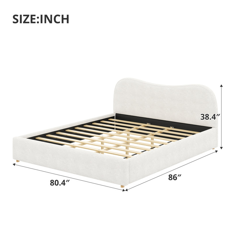 Lit plateforme tapissier avec lattes en bois, Blanc, Très grand lit