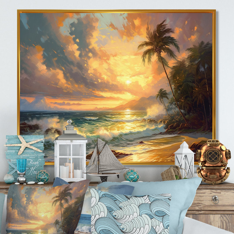 Orange et jaune bord de mer sérénité - art mural plage, salon, H 24 po x l 32 po x P 1 po, Toile avec cadre flottant or
