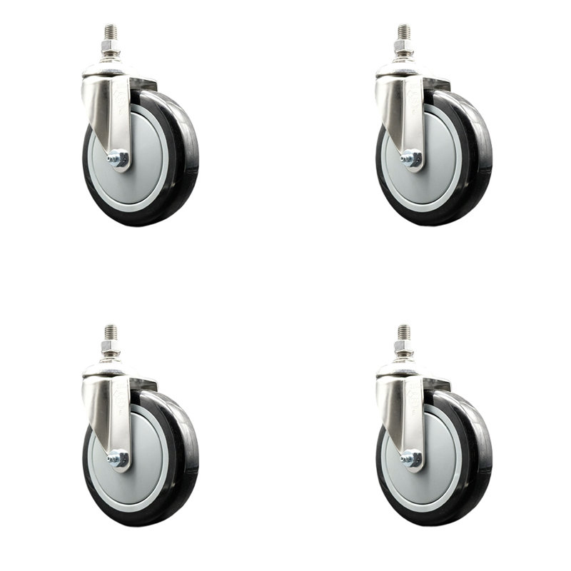 316SS Polyurethane Wheel Swivel Threaded Stem Caster Set, Black