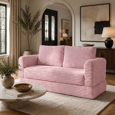 55 Inch Convertible Futon Sofa Bed,Folding Boneless Couches with Sleeper Sofa,Fold Out Floor Sofa Couch with Deep Seat,Cloud Corduroy Foldable Mattress Couch for Living Room,Pink