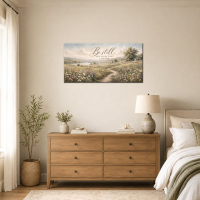 Tableau chrétien « Be Still » sur toile, paysage rustique, serein, fleurs sauvages, verset biblique, décoration inspirante, style ferme, pour chambre ou salon, 61 x 119 cm