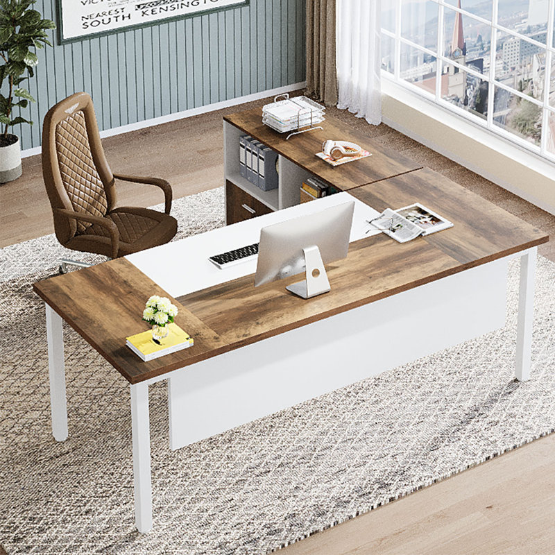 63" L-Shaped Executive Desk and 39 Drawer Lateral File Cabinet, L-Shape Office Credenza Desk Set