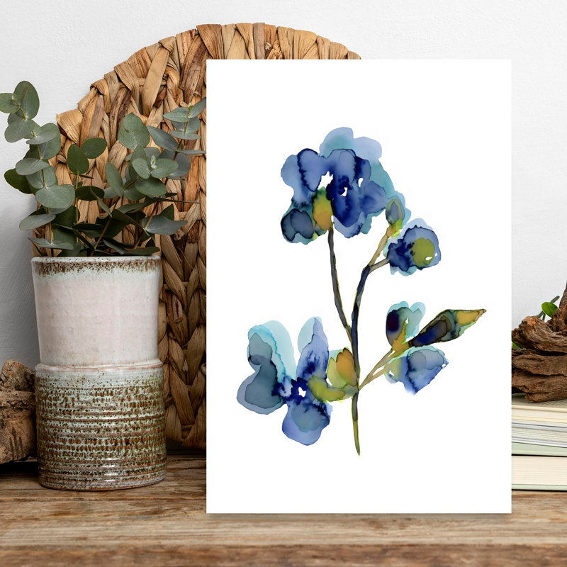 Art floral abstrait bleu délicat contemporain, 18" H x 12" W