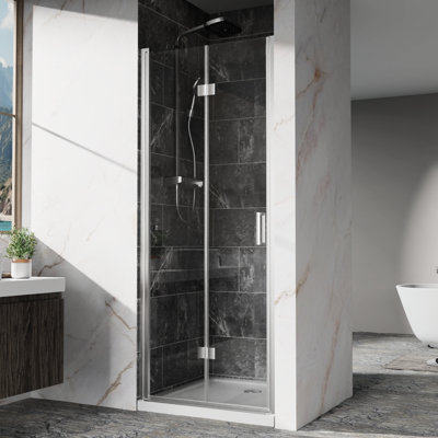 72 Inches High Bi - Fold Swing Pivot Shower Door With 1/4" Tempered Glass, Zinc Alloy Hinges, And Waterproof Magnetic Sealing 32 In. Wide Glass Finish, Easy Clean Coating, Professional Packaging