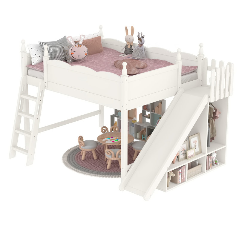 Queen Loft Bed with Storage Shelves and Wardrobe, Solid Wood Loft Beds with Detachable Slide and Ladders, No Spring Box Needed,Beige