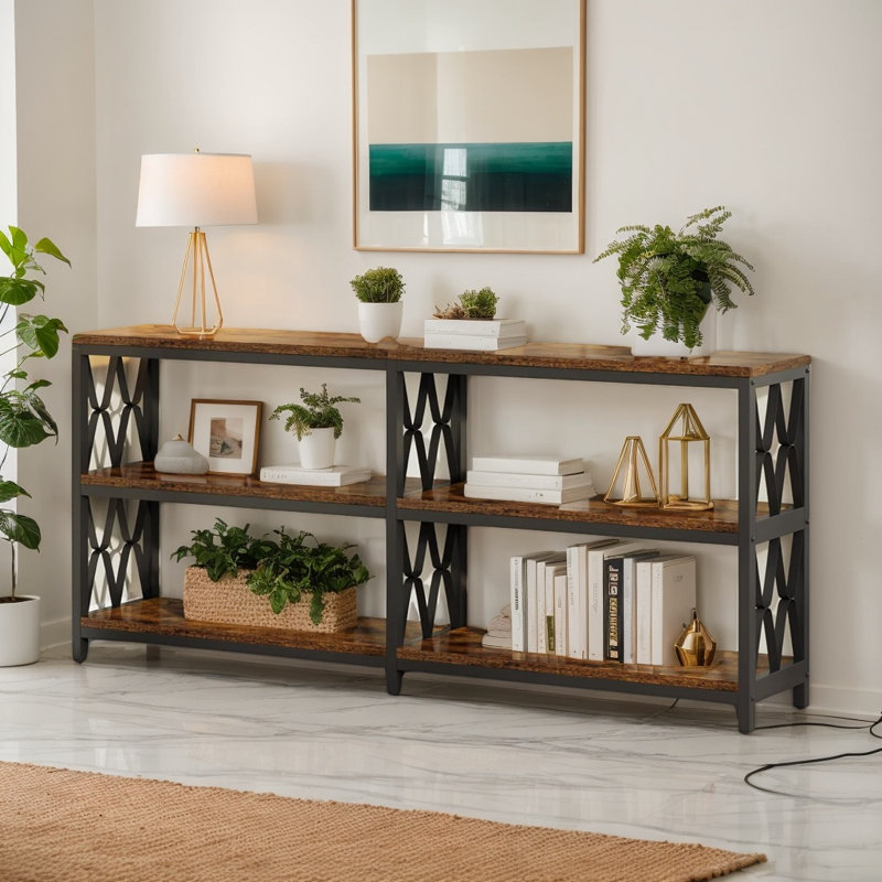 Console industrielle 70,9 "à 3 niveaux, canapé d'entrée en bois rustique et métal pour le salon